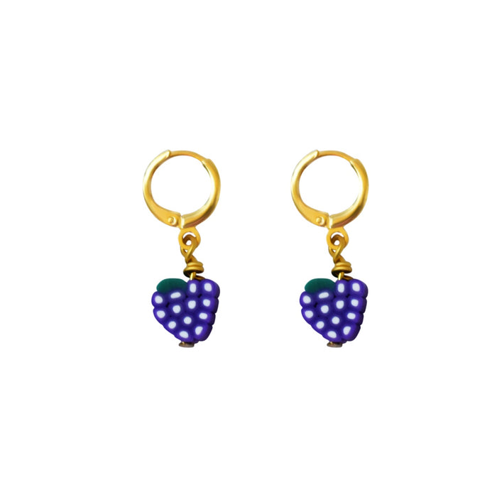 Grape Charm Earrings – Playful Fimo Fruit Beads on Gold Huggie Hoops - Samanta Factory