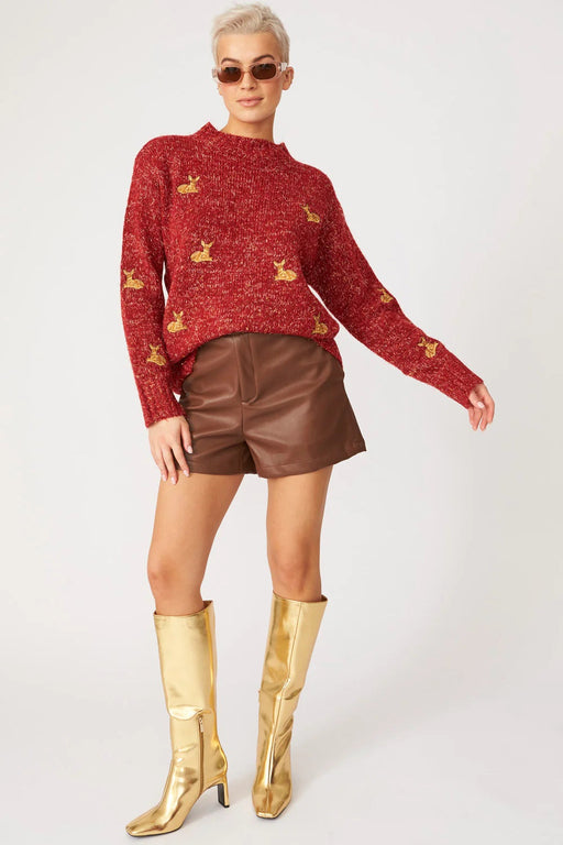 Red glitter Christmas jumper with embroidered reindeer and cashmere blend knit.