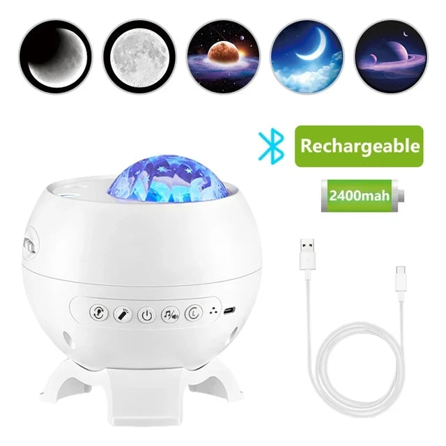 Galaxy Light Projector – 360° Dream Aurora Star & Moon Lamp with Bluetooth, White Noise & Rechargeable Battery