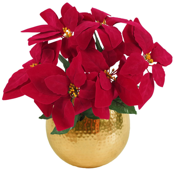 40cm artificial poinsettia plant with velvet red leaves in metal planter
