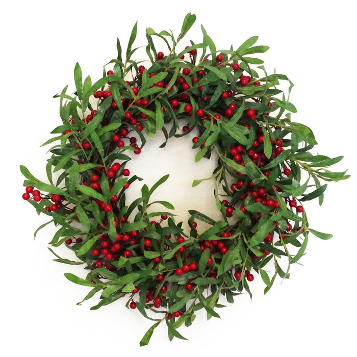 60cm Christmas wreath with silk mistletoe leaves and red berries on natural woven base