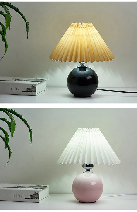 Korean Table Lamp – Vintage Pleated Fabric Shade with Ceramic Base
