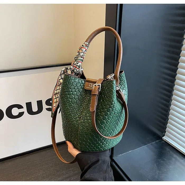 PU Leather Knitted Bucket Bag – Soft Casual Messenger Handbag for Women - Samanta Factory