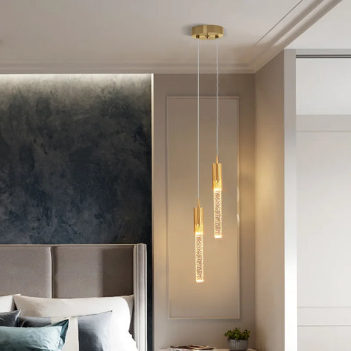 Black and gold modern LED pendant light with crystal rod design and adjustable 3-color lighting.