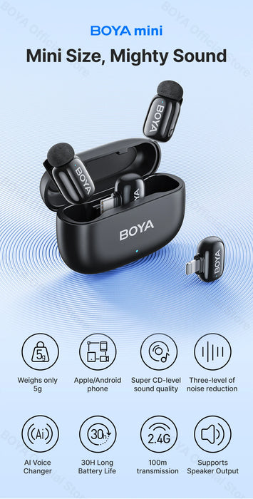 BOYA Mini Wireless Microphone – 2.4GHz Lavalier Mic with Charging Case for iPhone & Android