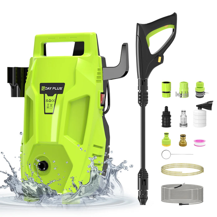 Green compact 3000W electric pressure washer with 7-metre hose, 3-in-1 adjustable nozzle, and foam lance for car, patio, and garden cleaning