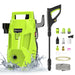 Green compact 3000W electric pressure washer with 7-metre hose, 3-in-1 adjustable nozzle, and foam lance for car, patio, and garden cleaning