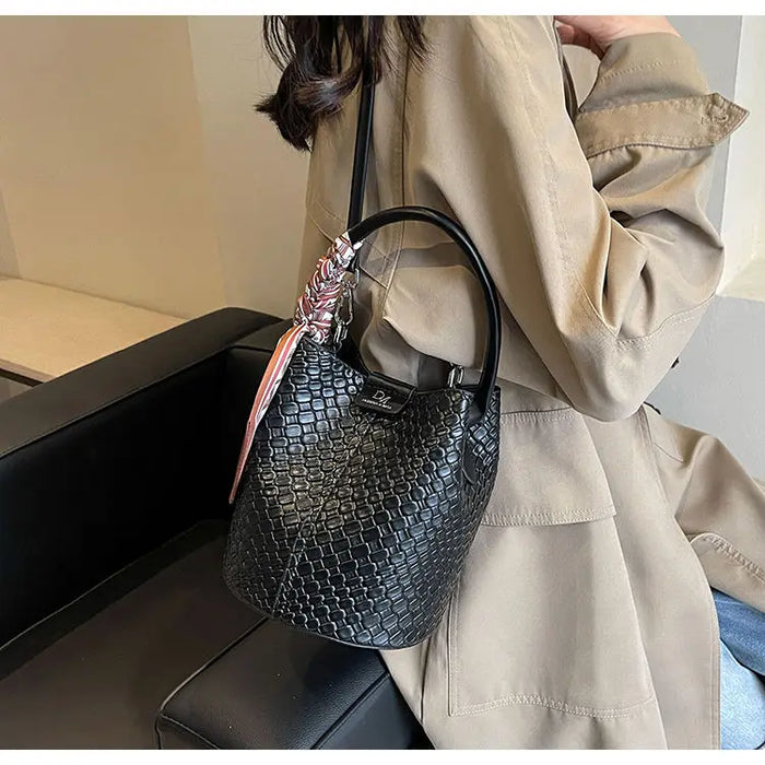 PU Leather Knitted Bucket Bag – Soft Casual Messenger Handbag for Women - Samanta Factory