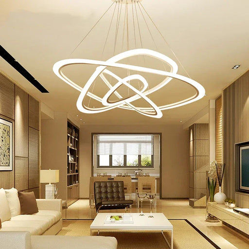White Art Deco acrylic and iron pendant chandelier with remote control, ideal for dining rooms and hotel lobbies.