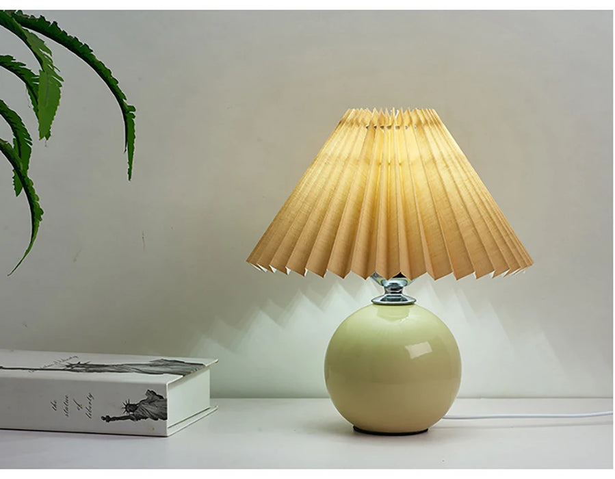 Korean Table Lamp – Vintage Pleated Fabric Shade with Ceramic Base