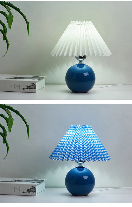 Korean Table Lamp – Vintage Pleated Fabric Shade with Ceramic Base