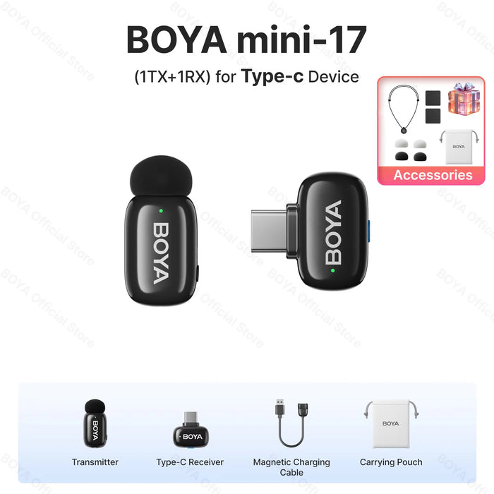 BOYA Mini Wireless Microphone – 2.4GHz Lavalier Mic with Charging Case for iPhone & Android
