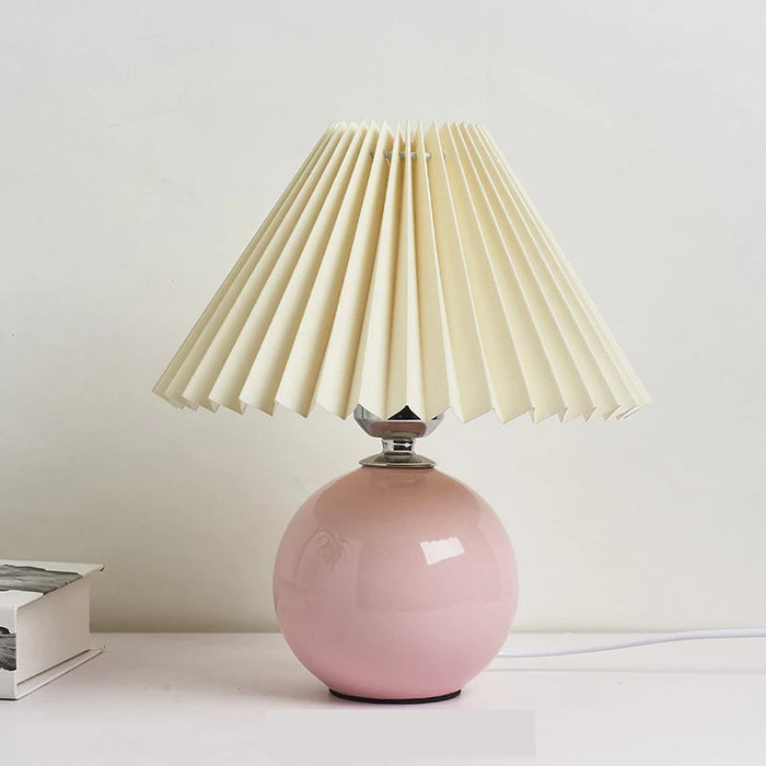 Korean Table Lamp – Vintage Pleated Fabric Shade with Ceramic Base