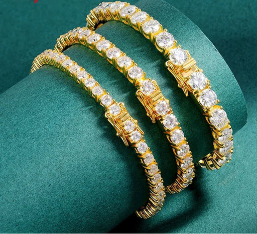 18K gold plated moissanite tennis bracelet with 3/4/5mm round-cut VVS1 D color stones in S925 sterling silver