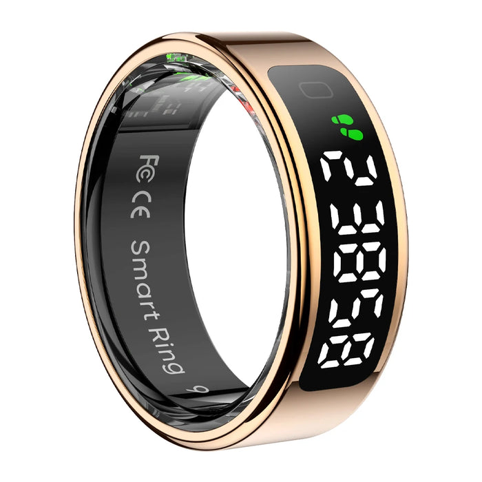 Smart health ring with touchscreen display and wireless charging for activity and sleep tracking
