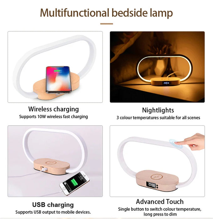 Dimmable LED Bedside Lamp – Touch Control with Wireless Charging & Clock Display - Samanta Factory