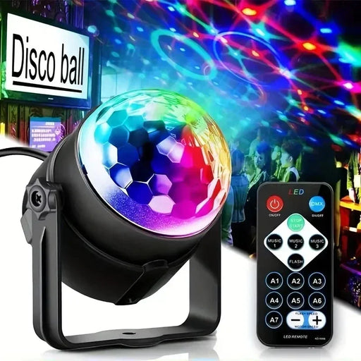 RGB LED disco stage light with sound activation, remote control, and tripod stand for parties and home entertainment