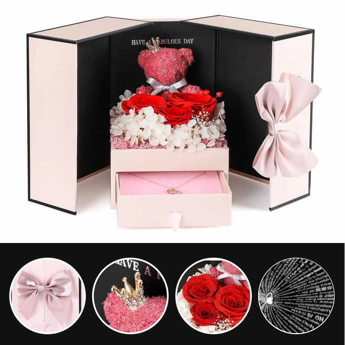 Eternal Preserved Rose Gifts – Moss Bear & Jewelry Box with “I Love You 100 Languages” Necklace - Samanta Factory