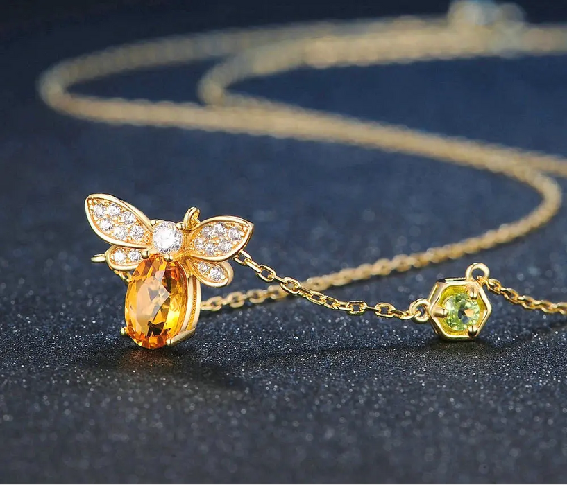 Citrine Bee Pendant Necklace – Natural Gemstone Sterling Silver SF