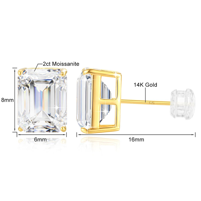 14K Gold Emerald Cut Moissanite Stud Earrings – AU585 Certified