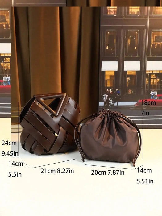 Woven Design Women Handbag, Tote Basket Bag, High-End Niche Inverted Triangle Shaped Fashion Commuter Bag, Casual Style SF