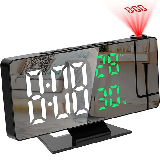 Compact circular LED digital alarm clock with bright always-on display USB power supply and CR2032 memory backup battery on bedside table