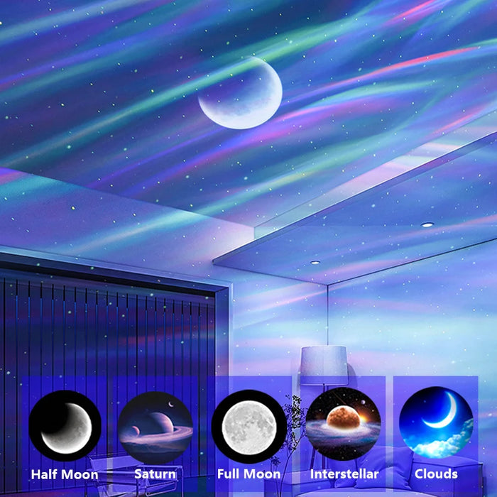 Galaxy Light Projector – 360° Dream Aurora Star & Moon Lamp with Bluetooth, White Noise & Rechargeable Battery