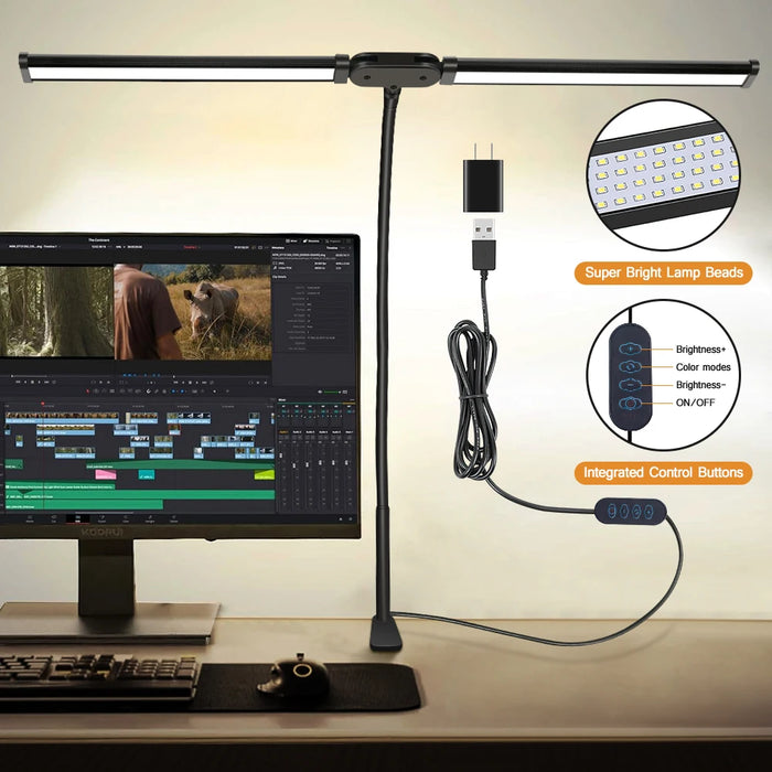 Double-Head LED Desk Lamp – Wide, Adjustable Lighting with 10 Brightness Levels