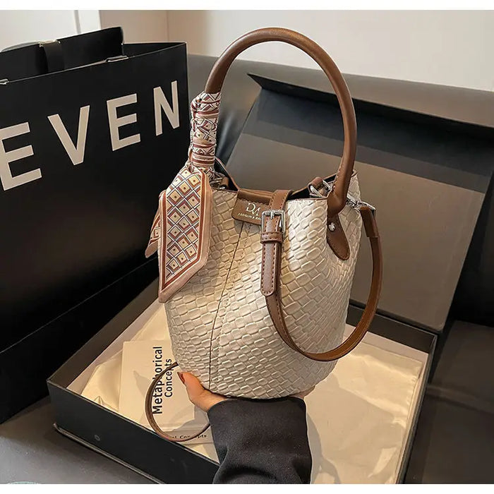 PU Leather Knitted Bucket Bag – Soft Casual Messenger Handbag for Women - Samanta Factory
