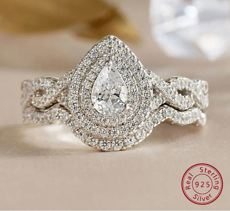 925 sterling silver pear cut zircon bridal wedding and engagement ring set for women