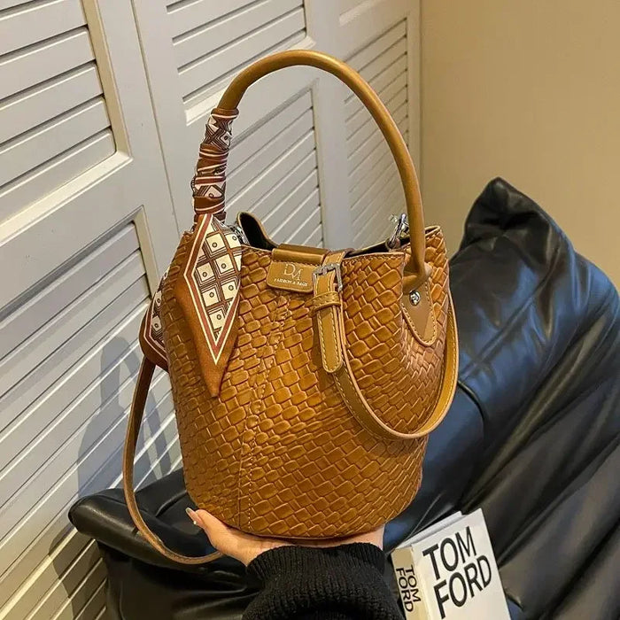 PU Leather Knitted Bucket Bag – Soft Casual Messenger Handbag for Women - Samanta Factory
