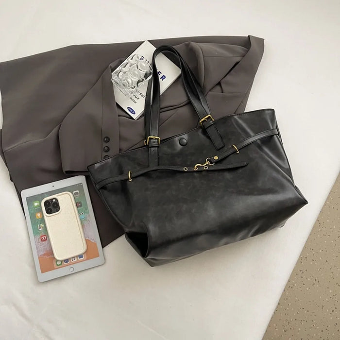 Vintage PU Leather Shoulder Tote – Soft Casual Bag with Lock Closure - Samanta Factory