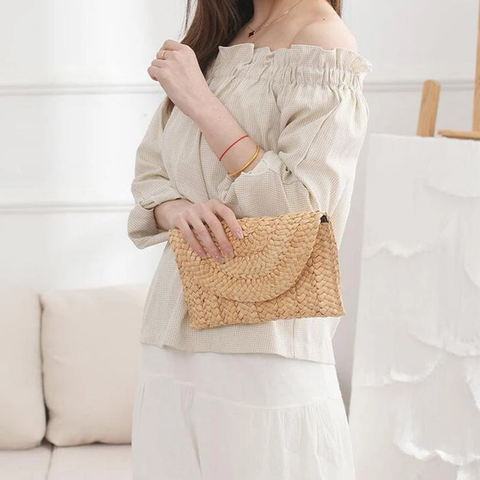 Boho Straw Flap Bag for Women – Hard Shell Summer Handbag with Cover Closure