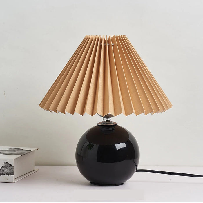 Korean Table Lamp – Vintage Pleated Fabric Shade with Ceramic Base