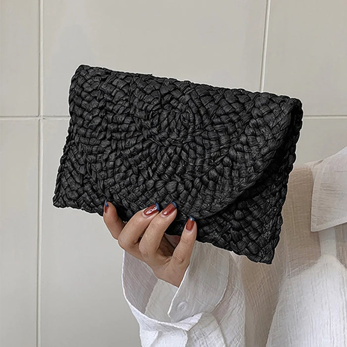 Boho Straw Flap Bag for Women – Hard Shell Woven Handbag for Summer Outings