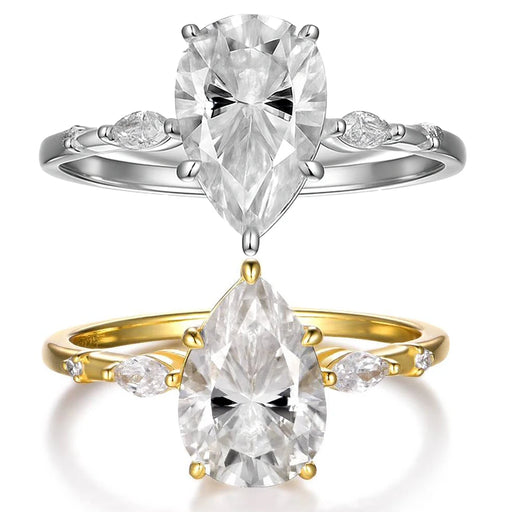 2ct pear-shaped moissanite ring in S925 silver with zircon side stones

