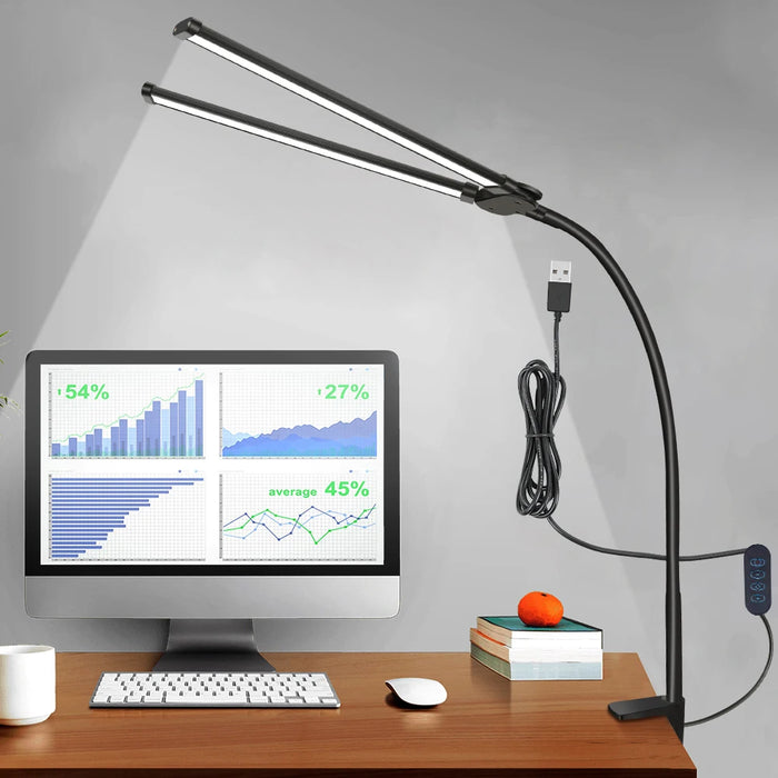 Double-Head LED Desk Lamp – Wide, Adjustable Lighting with 10 Brightness Levels
