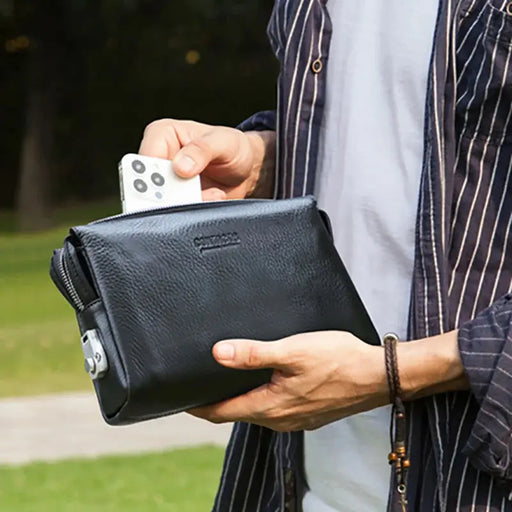 Men’s genuine leather clutch bag with zipper closure and phone pocket