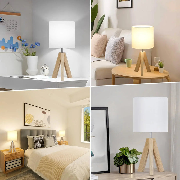 Wooden Tripod Floor Lamp – Hand-Knitted Fabric Shade with E26 Dimmable LED
