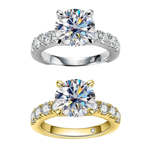 Stunning 4.3CTTW moissanite engagement ring with D color round-cut stones, S925 sterling silver, 18K gold plating, and prong setting, perfect for weddings and anniversaries.
