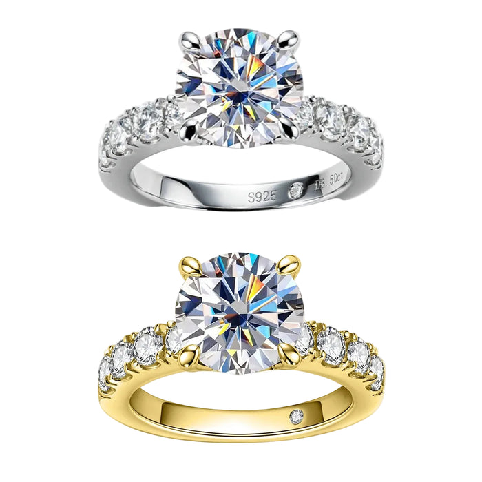 Stunning 4.3CTTW moissanite engagement ring with D color round-cut stones, S925 sterling silver, 18K gold plating, and prong setting, perfect for weddings and anniversaries.