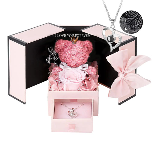 Preserved rose gift set with eternal roses, handcrafted moss bear, and “I Love You in 100 Languages” necklace