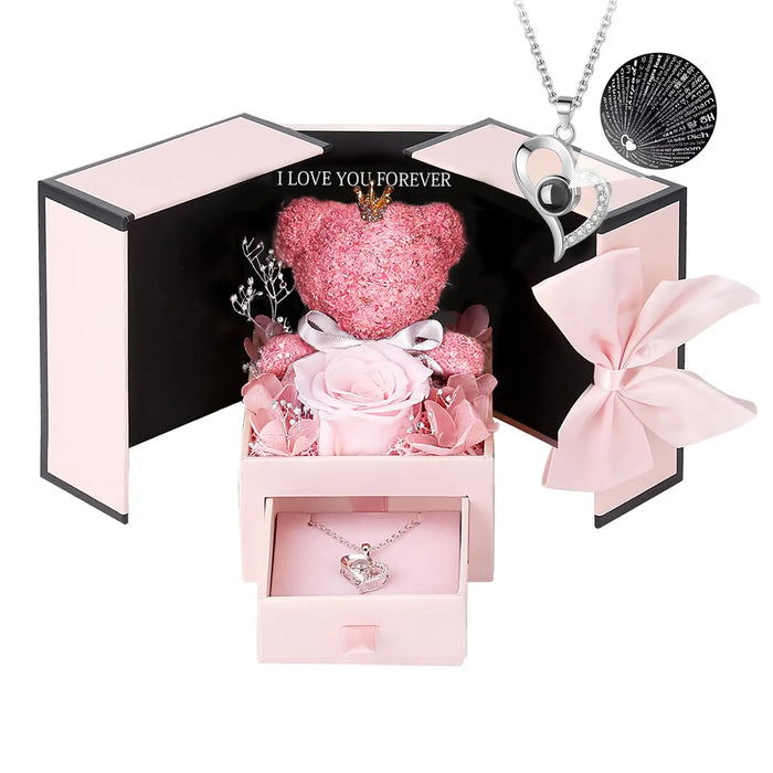 Preserved rose gift set with eternal roses, handcrafted moss bear, and “I Love You in 100 Languages” necklace