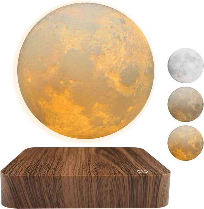 Magnetic levitating 3D moon lamp hovering above base, glowing in three soft colors