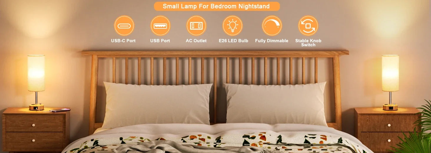 Bedside Table Lamp – Dimmable Lighting with USB-A & USB-C Charging Ports