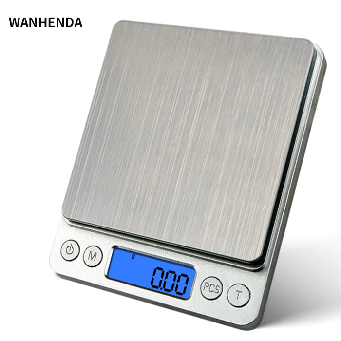 Compact LCD pocket scale with stainless steel platform and blue backlight