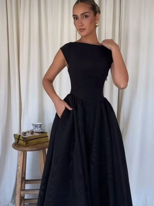 A-line Strap Long Dress – Square Neck & Backless Design