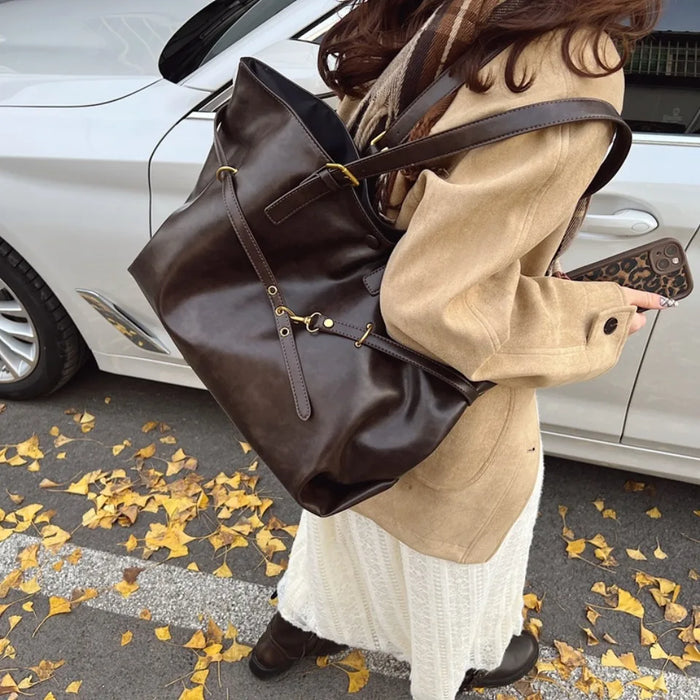 Vintage PU Leather Shoulder Tote – Soft Casual Bag with Lock Closure - Samanta Factory