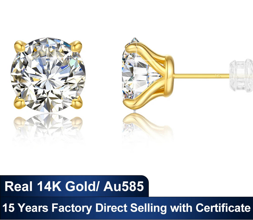 14K Gold Moissanite Stud Earrings – 0.5CT–3CT VVS1 Round Cut AU585 Certified