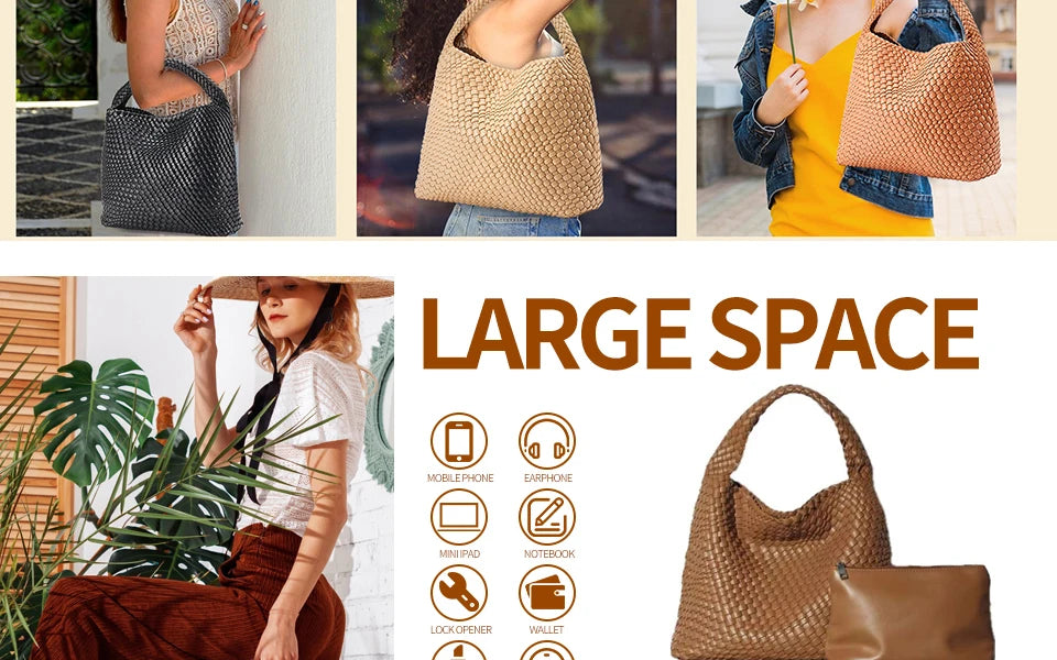 Woven Tote Bag  with Purse for Women – Large Soft Leather Shoulder Bag for Work, Beach & Travel - Samanta Factory